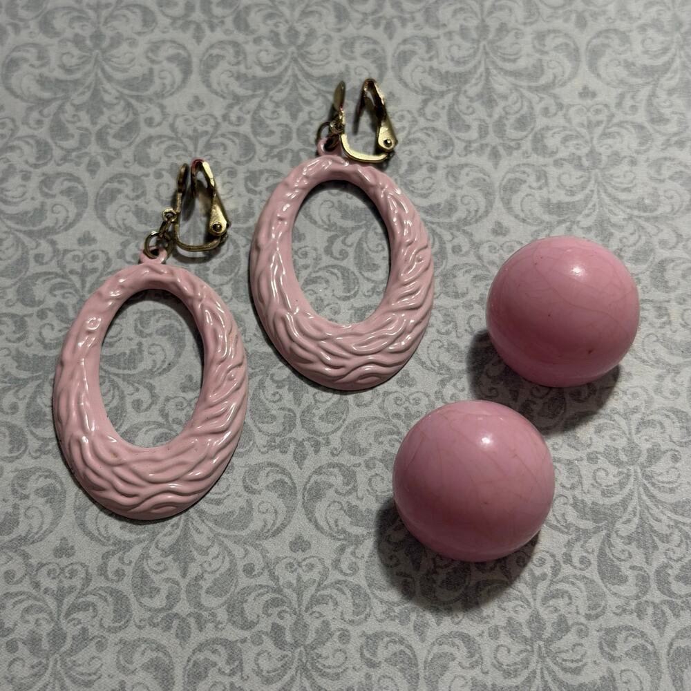 Vintage Pink Enamel Oval Dangle & Dome Clip On Earrings 2 Pair Lot